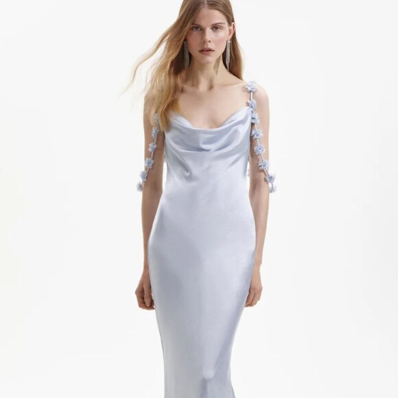 Self Portrait Blue Satin Flower Maxi Dress - Size 4/Small - Picture 1 of 6